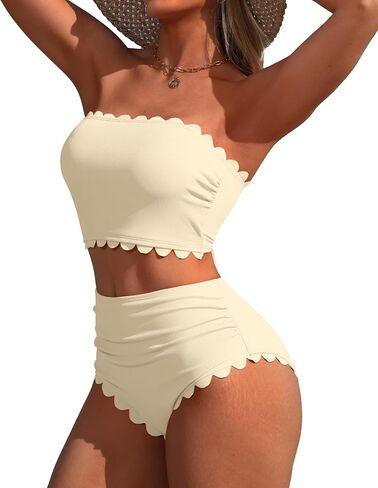 Charmo Strapless High Waisted Bikini Sets for Women Tummy Control Scallop Ribbed Bandeau Swimsuit Lace up Bathing Suits in Saudi Arabia