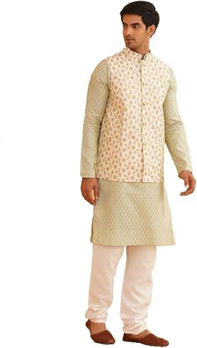 Sojanya (Since 1958 Men'S Silk Blend Self Design Pista Green Kurta With Pyjama & Cream Nehru Jacket in Kuwait