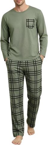 Mens Pajama Set Long Sleeve Soft Sleepwear Loungewear PJS Tops Plaid Pants with Pockets 2 Piece in Saudi Arabia