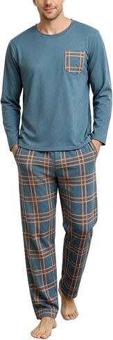 Mens Pajama Set Long Sleeve Soft Sleepwear Loungewear PJS Tops Plaid Pants with Pockets 2 Piece in Saudi Arabia