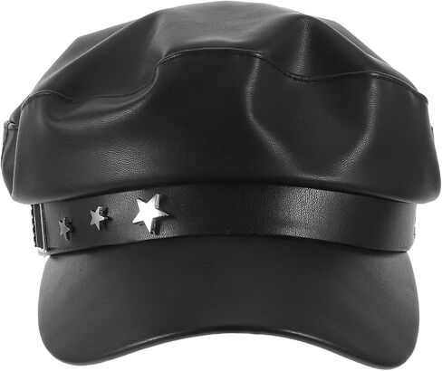 Operitacx Fiddler Hat - Women Baker Boy Cap - Vintage Style PU Leather Beret Hat - Elegant Sailor Costume Accessory with Star Pattern for Cosplay Dress Up Performance Black in Kuwait
