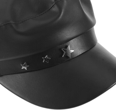 Operitacx Fiddler Hat - Women Baker Boy Cap - Vintage Style PU Leather Beret Hat - Elegant Sailor Costume Accessory with Star Pattern for Cosplay Dress Up Performance Black in Kuwait