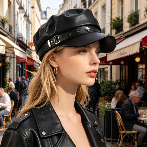 Operitacx Fiddler Hat - Women Baker Boy Cap - Vintage Style PU Leather Beret Hat - Elegant Sailor Costume Accessory with Star Pattern for Cosplay Dress Up Performance Black in Kuwait