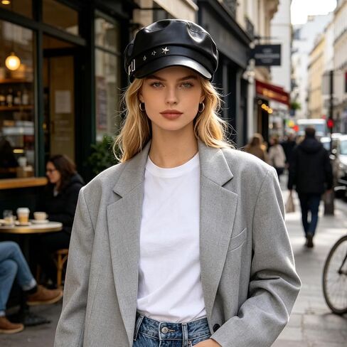 Operitacx Fiddler Hat - Women Baker Boy Cap - Vintage Style PU Leather Beret Hat - Elegant Sailor Costume Accessory with Star Pattern for Cosplay Dress Up Performance Black in Kuwait