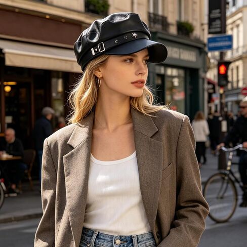 Operitacx Fiddler Hat - Women Baker Boy Cap - Vintage Style PU Leather Beret Hat - Elegant Sailor Costume Accessory with Star Pattern for Cosplay Dress Up Performance Black in Kuwait