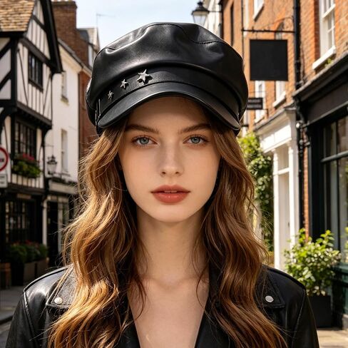 Operitacx Fiddler Hat - Women Baker Boy Cap - Vintage Style PU Leather Beret Hat - Elegant Sailor Costume Accessory with Star Pattern for Cosplay Dress Up Performance Black in Kuwait