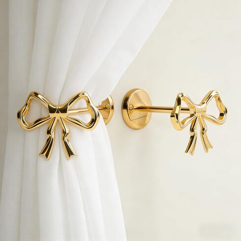 Elegant Gold Bow Curtain Holdbacks - 2 Pcs Wall-Mounted Tiebacks for Modern Home Décor | Ideal for Living Room, Bedroom & Office | Stylish Metal Curtain Holders with Screws Included in Saudi Arabia