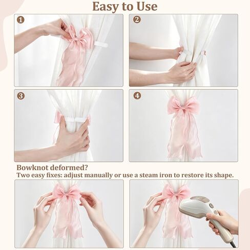 Dahey 2Pcs Bow Curtain Tiebacks Pink Ribbon Curtain Holdbacks with Bendable Metal Core Decorative Tie Backs Accessories for Curtains, Girls Bedroom Home Living Room Wedding Party Offices Decor in Kuwait