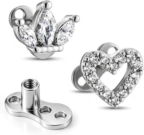 2Pcs 14G Cubic Zirconia Dermal Anchor Tops and Base 316L Surgical Steel Heart-Shaped and Crown-Shaped Dainty Crystal Microdermals Body Piercings Studs Body Piercings Jewelry Gift for Women Men in Kuwait