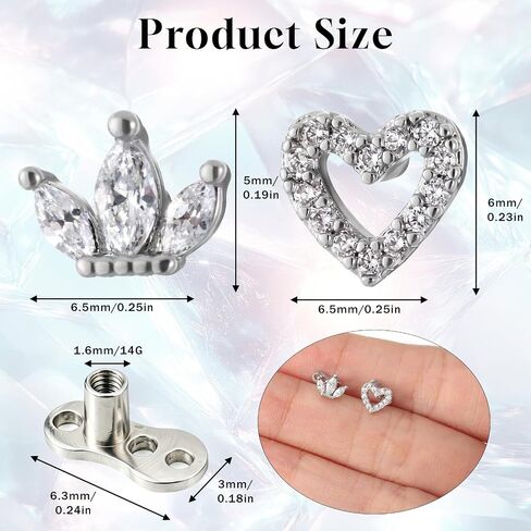 2Pcs 14G Cubic Zirconia Dermal Anchor Tops and Base 316L Surgical Steel Heart-Shaped and Crown-Shaped Dainty Crystal Microdermals Body Piercings Studs Body Piercings Jewelry Gift for Women Men in Kuwait