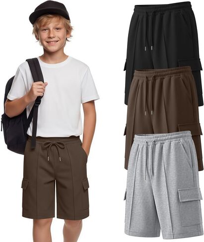 3 Pack Boys Cargo Shorts Athletic Drawstring Elastic with Pockets Baggy Active Shorts for Youth Kids Summer in Kuwait