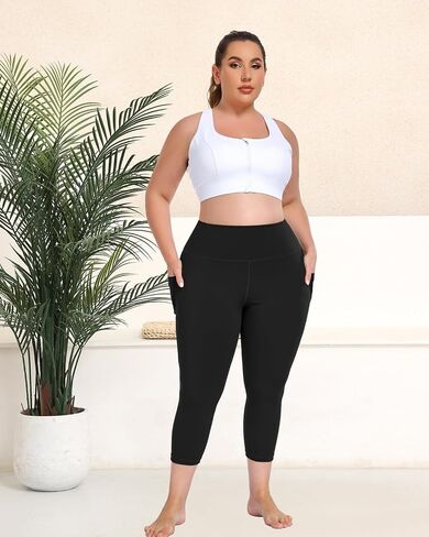 Plus Size Workout Capri Leggings with Pockets, L-6X Reflective Buttery Soft High Waisted Tummy Control Yoga Pants in Saudi Arabia