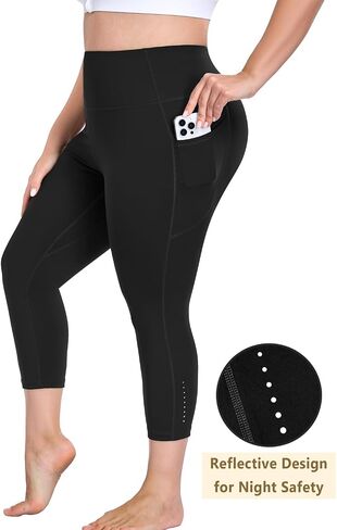 Plus Size Workout Capri Leggings with Pockets, L-6X Reflective Buttery Soft High Waisted Tummy Control Yoga Pants in Saudi Arabia