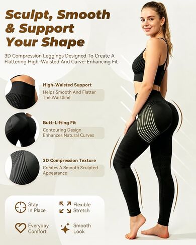 Vitaliaina Leggings 3D Compression Leggings for Women, Butt Lifting Seamless Workout Leggings, Breathable Stretch Activewear in Kuwait