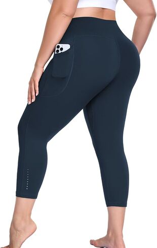 Plus Size Workout Capri Leggings with Pockets, L-6X Reflective Buttery Soft High Waisted Tummy Control Yoga Pants in Saudi Arabia