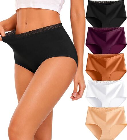 UNDER THE SEA Cotton Underwear for Women High Waisted Full Coverage Briefs Soft Lace Waistband Panties Womens Clothing 5 Pack in Saudi Arabia