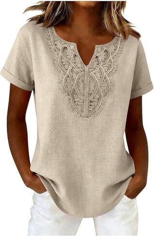 Eyelet Cotton Linen Shirt for Women- Short Sleeve V-Neck Casual Top with Breathable Detail, Stylish Summer Blouse in Kuwait