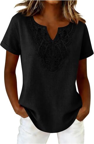 Eyelet Cotton Linen Shirt for Women- Short Sleeve V-Neck Casual Top with Breathable Detail, Stylish Summer Blouse in Kuwait