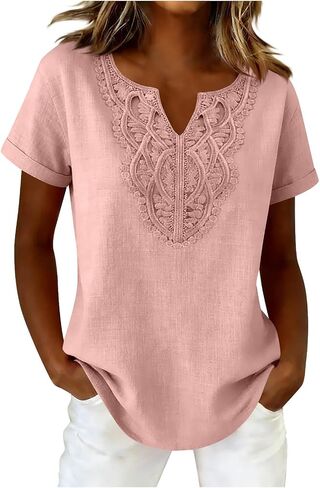 Eyelet Cotton Linen Shirt for Women- Short Sleeve V-Neck Casual Top with Breathable Detail, Stylish Summer Blouse in Kuwait