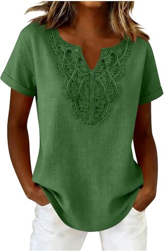 Eyelet Cotton Linen Shirt for Women- Short Sleeve V-Neck Casual Top with Breathable Detail, Stylish Summer Blouse in Kuwait