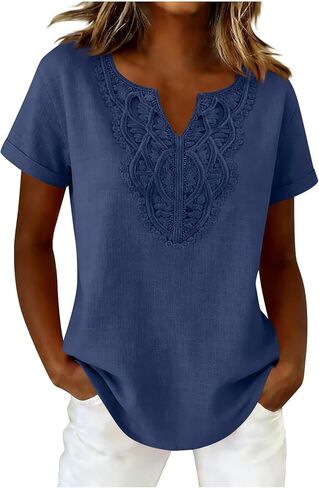 Eyelet Cotton Linen Shirt for Women- Short Sleeve V-Neck Casual Top with Breathable Detail, Stylish Summer Blouse in Kuwait