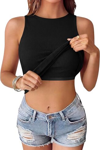 OwnTime Women's Tank Tops with Built-in Bra Open Back Ribbed Sleeveless Boat Neck Slim Fit Summer Top in Saudi Arabia