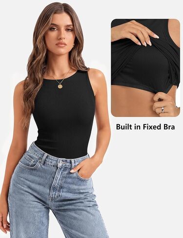 OwnTime Women's Tank Tops with Built-in Bra Open Back Ribbed Sleeveless Boat Neck Slim Fit Summer Top in Saudi Arabia