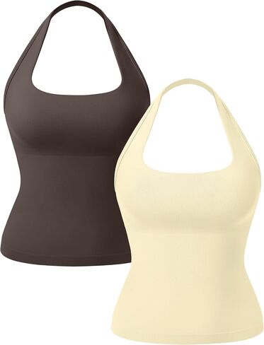 OLCHEE Womens Halter Tank Tops Square Neck Backless Longline Seamless Gym Workout Yoga Pilates Top Padded 2 Pack in Kuwait