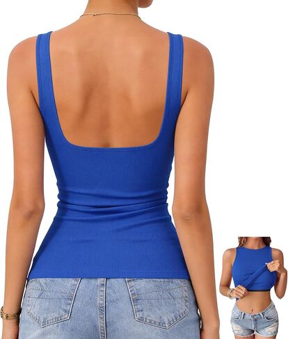OwnTime Women's Tank Tops with Built-in Bra Open Back Ribbed Sleeveless Boat Neck Slim Fit Summer Top in Saudi Arabia
