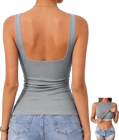 OwnTime Women's Tank Tops with Built-in Bra Open Back Ribbed Sleeveless Boat Neck Slim Fit Summer Top in Saudi Arabia