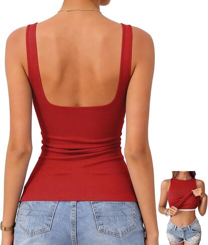 OwnTime Women's Tank Tops with Built-in Bra Open Back Ribbed Sleeveless Boat Neck Slim Fit Summer Top in Saudi Arabia