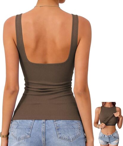 OwnTime Women's Tank Tops with Built-in Bra Open Back Ribbed Sleeveless Boat Neck Slim Fit Summer Top in Saudi Arabia