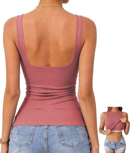 OwnTime Women's Tank Tops with Built-in Bra Open Back Ribbed Sleeveless Boat Neck Slim Fit Summer Top in Saudi Arabia
