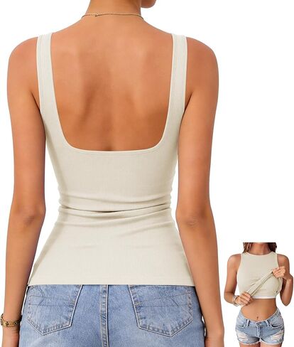 OwnTime Women's Tank Tops with Built-in Bra Open Back Ribbed Sleeveless Boat Neck Slim Fit Summer Top in Saudi Arabia