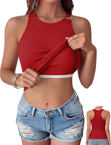OwnTime Womens Tank Tops with Built in Bra Summer High Neck Sleeveless Padded Shirts Racerback Ribbed Casual Basic Tops in Saudi Arabia