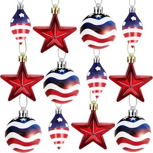 12 Pcs Patriotic Ornaments for Small Tree Decorations, Independence Day Stars Balls Hanging Ornaments Set for Fourth of July Home Indoor Outdoor Party Decoration, 3 Styles, Red White Blue in Kuwait