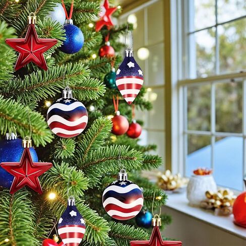 12 Pcs Patriotic Ornaments for Small Tree Decorations, Independence Day Stars Balls Hanging Ornaments Set for Fourth of July Home Indoor Outdoor Party Decoration, 3 Styles, Red White Blue in Kuwait