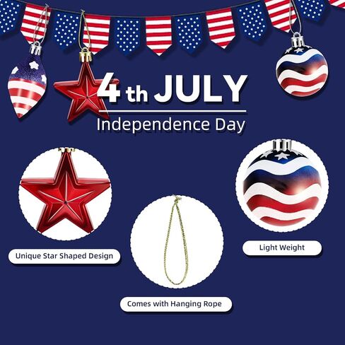 12 Pcs Patriotic Ornaments for Small Tree Decorations, Independence Day Stars Balls Hanging Ornaments Set for Fourth of July Home Indoor Outdoor Party Decoration, 3 Styles, Red White Blue in Kuwait