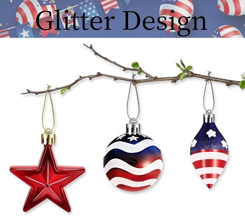12 Pcs Patriotic Ornaments for Small Tree Decorations, Independence Day Stars Balls Hanging Ornaments Set for Fourth of July Home Indoor Outdoor Party Decoration, 3 Styles, Red White Blue in Kuwait