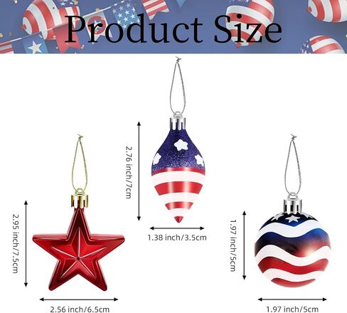 12 Pcs Patriotic Ornaments for Small Tree Decorations, Independence Day Stars Balls Hanging Ornaments Set for Fourth of July Home Indoor Outdoor Party Decoration, 3 Styles, Red White Blue in Kuwait