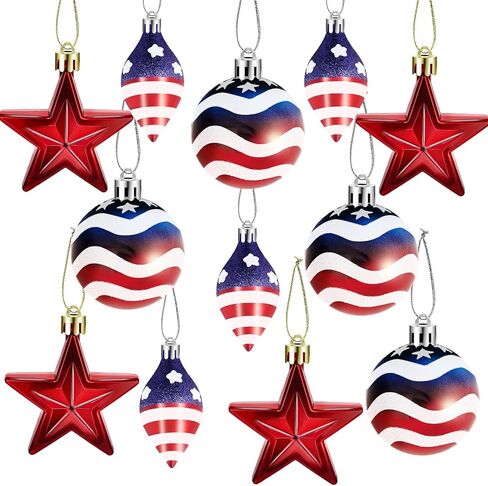 12 Pcs Patriotic Ornaments for Small Tree Decorations, Independence Day Stars Balls Hanging Ornaments Set for Fourth of July Home Indoor Outdoor Party Decoration, 3 Styles, Red White Blue in Kuwait