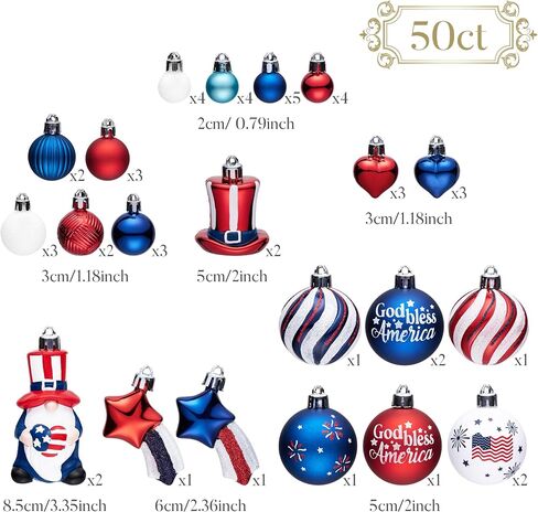 Valery Madelyn 4th of July Tree Decorations for Patriotic Memorial Day Ornaments, 50ct Medium Red White Blue Shatterproof Americana Gnome for Independence Day USA 250th Anniversary Hanging Ball Decor in Kuwait