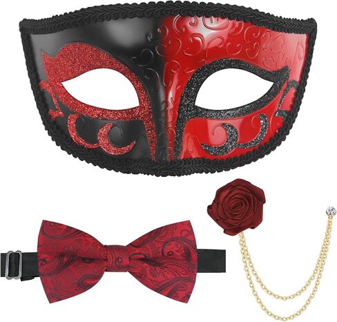 Erythem Masquerade Mask for Men Venetian Style Mens Masquerade Mask with Bowtie Brooch for Halloween Mardi Gras Costume Party in Saudi Arabia
