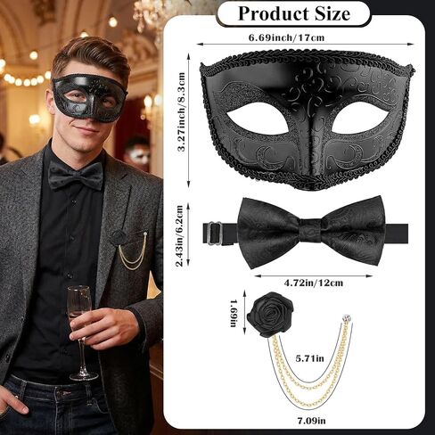 Erythem Masquerade Mask for Men Venetian Style Mens Masquerade Mask with Bowtie Brooch for Halloween Mardi Gras Costume Party in Saudi Arabia