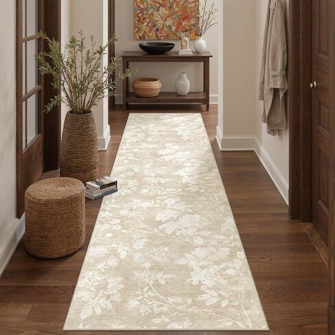Soalmost Washable Runner Rug 2x8 – Hallway Oriental Floral Runner Rug with Non-Slip Soft Low Pile Neutral Thin Carpet Runner for Kitchen, Bathroom, Laundry Room, Bedroom, Entryway (2'x8',Beige) in Saudi Arabia