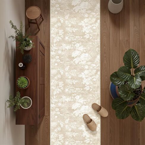 Soalmost Washable Runner Rug 2x8 – Hallway Oriental Floral Runner Rug with Non-Slip Soft Low Pile Neutral Thin Carpet Runner for Kitchen, Bathroom, Laundry Room, Bedroom, Entryway (2'x8',Beige) in Saudi Arabia