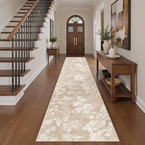 Soalmost Washable Runner Rug 2x8 – Hallway Oriental Floral Runner Rug with Non-Slip Soft Low Pile Neutral Thin Carpet Runner for Kitchen, Bathroom, Laundry Room, Bedroom, Entryway (2'x8',Beige) in Saudi Arabia