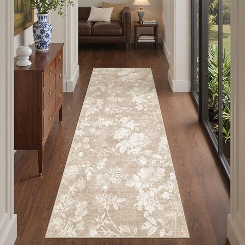 Soalmost Washable Runner Rug 2x8 – Hallway Oriental Floral Runner Rug with Non-Slip Soft Low Pile Neutral Thin Carpet Runner for Kitchen, Bathroom, Laundry Room, Bedroom, Entryway (2'x8',Beige) in Saudi Arabia