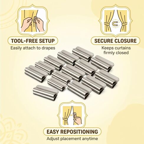 15Pairs Magnetic Curtain Clips, Curtain Magnets Closure, Curtain Clips to Hold Curtains Closed Set for Light Blocking, Minimalist Clips for Indoor and Outdoor Use in Saudi Arabia