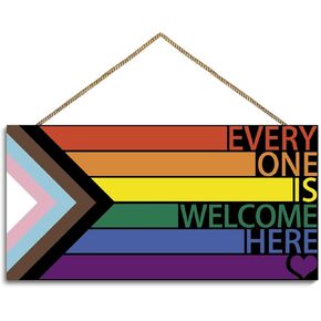 LGBT Rainbow Sign Front Door Decor, Every One Is Welcome Here Pride Flag Wooden Wall Decor,Gay Pride Rainbow Decorations for Home Wall Porch Front Door Classroom in Saudi Arabia